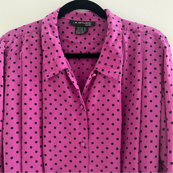 I.B. Diffusion 100% Silk Polka Dot Pleated Blouse Button Down - Picture 2 of 16